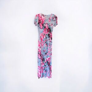 EUC Maxi Dress Grey/Pink Floral With Pockets Size Small